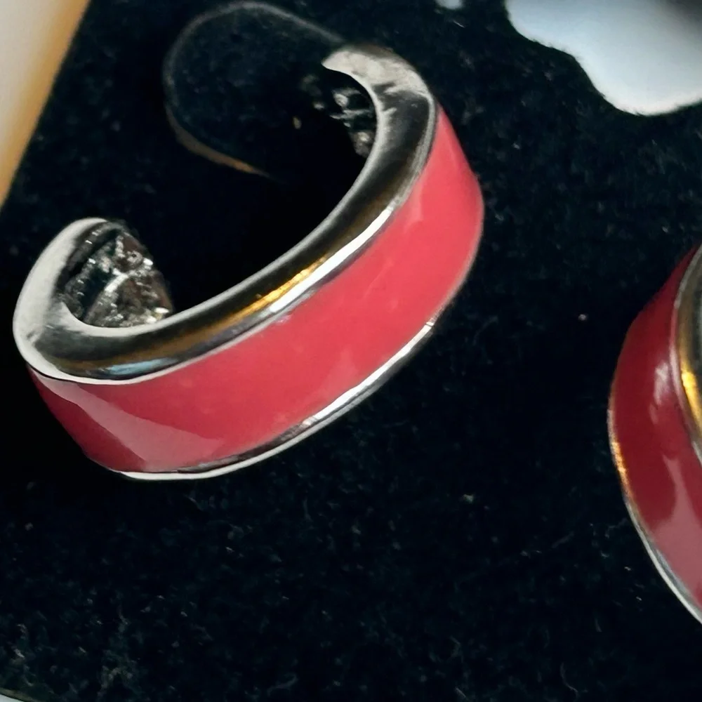 Vintage Pink Enamel Silver Hoop Earrings